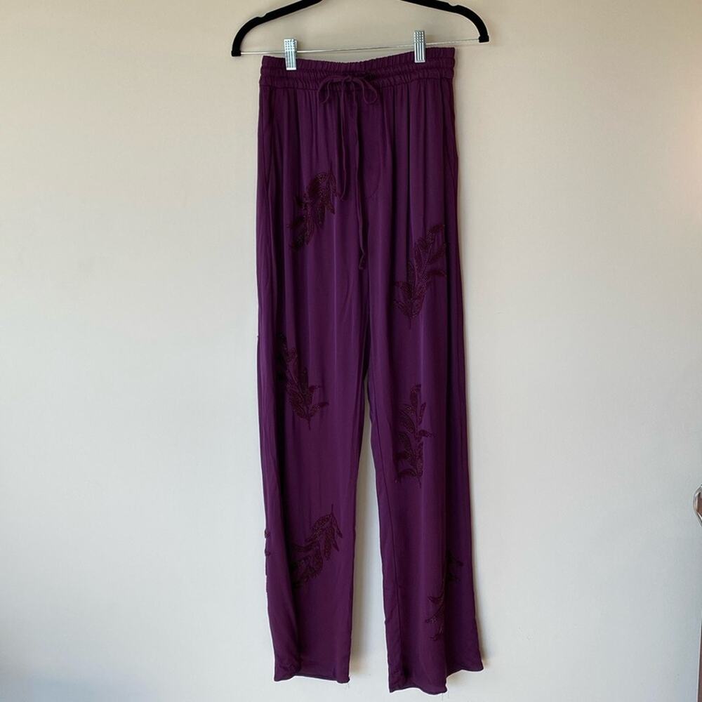 Zara Elastic Waist Pants Beaded Embroidery Purple Small Boho Party